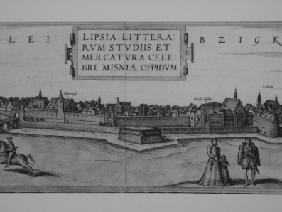 Älteste Stadtansicht Leipzigs mit Paulinerkloster und Grimmaischem Tor, Holzschnitt 1547